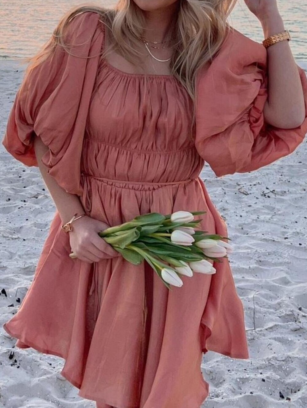 Altar'd State Shimmery Rose Off-Shoulder Puff Sleeve Mini Dress